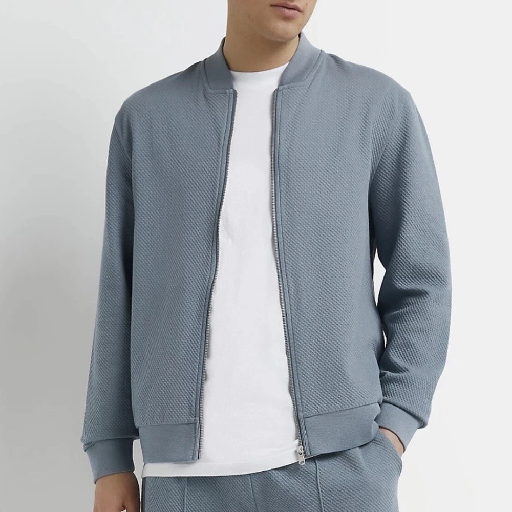 River Island Men’s Light Blue Textured Zip Up Jacket Size Large Casual